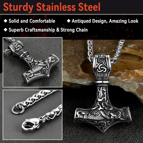 Miniatura 6 de FaithHeart - Collar con talismán escandinavo vikingo de martillo de Thor, joya original clásica de hombre de acero inoxidable, amuleto colgante