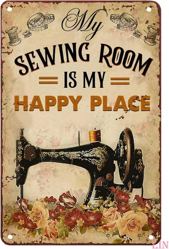 Letreros de costura vintage para habitación de costura, póster de costura con texto en inglés «Is My Happy Place», letreros divertidos vintage,