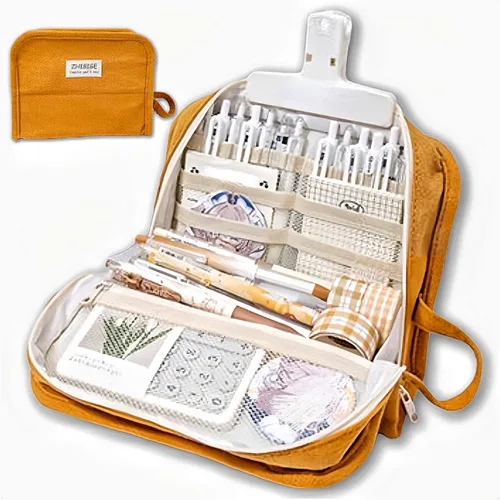 Miniatura 7 de Estuche para lápices y bolígrafos de gran capacidad con 9 compartimentos, multiranura, bolsa organizadora duradera, mango de fácil agarre, Gris