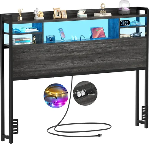 Miniatura 12 de Aheaplus Cabecero para cama de tamaño individual con almacenamiento, cabeceros con luz LED, tomas de corriente, puertos USB, tamaño individual