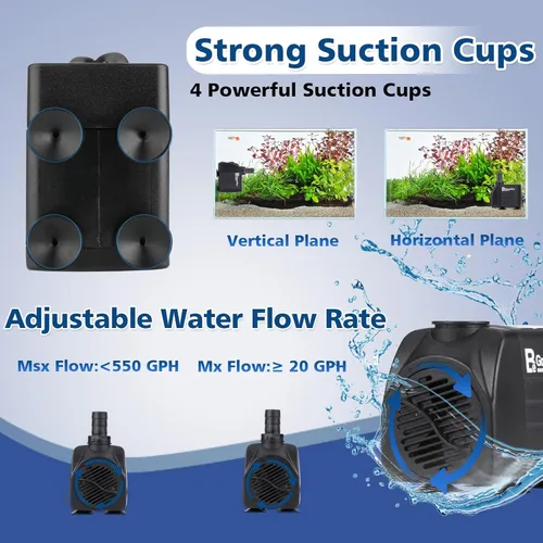 Miniatura 5 de Bomba de agua sumergible de 550 GPH (2000 L/H 30 W), bomba de fuente ajustable ultra silenciosa con 4 boquillas de elevación de 7.2 pies de alto