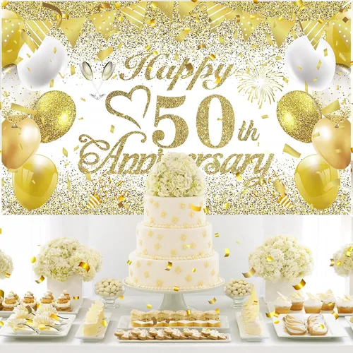 Miniatura 4 de Cartel de decoración del 50º aniversario de boda, pancarta de oro blanco con el texto en inglés "Happy 50th Anniversary" para mujeres y hombres