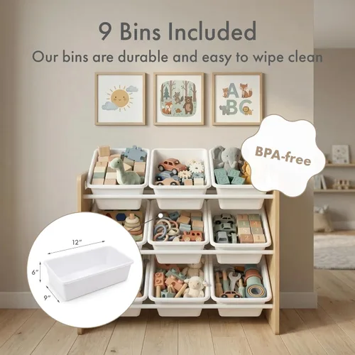 Miniatura 4 de Humble Crew Organizador de juguetes de 9 compartimientos: madera natural Journey con contenedores de plástico blanco, solución de almacenamiento
