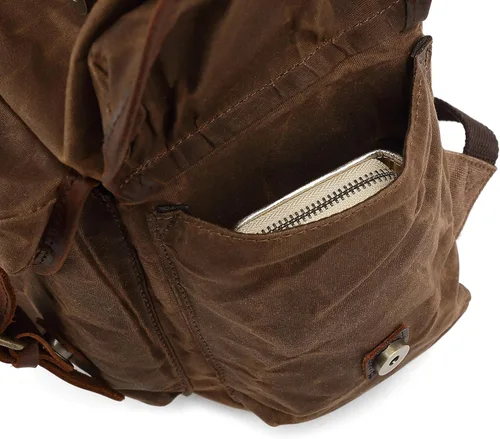 Miniatura 7 de Cuero genuino lona encerada mochila viaje mochila portátil bolsa Marrón