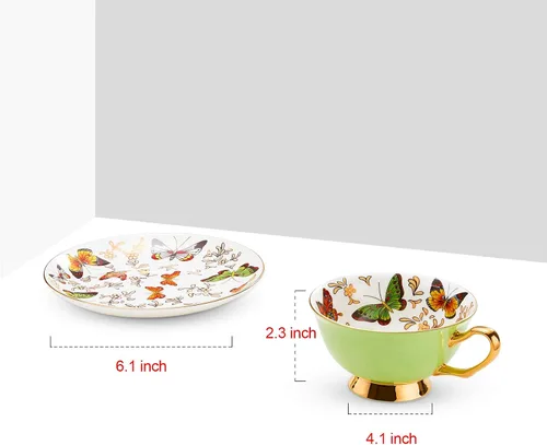 Miniatura 2 de LURRIER Taza de café con platillo para café con leche, té capuchino con mariposas de 6.8 onzas, porcelana fina de hueso, apta para lavavajillas