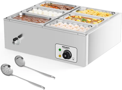 ROVSUN Calentador eléctrico de alimentos comerciales de 42.3 cuartos de galón, 6 bandejas, 110 V de acero inoxidable Bain Marie, mesa de vapor de