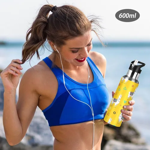 Miniatura 6 de BPA-Free Sports Water Bottle with Straw 20 Oz, Insulated Stainless Steel Water Bottle with Straw for Gym Outdoor Travel School, White Llamas Yellow