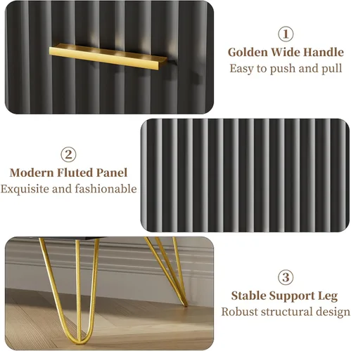 Miniatura 3 de JOZZBY Cómoda acanalada para dormitorio, cómoda negra de 6 cajones con asas doradas, cómodas de almacenamiento modernas y cómodas para pasillo