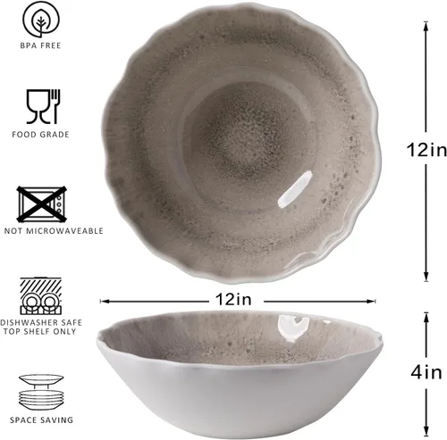 Miniatura 5 de Juego de 2 cuencos de melamina para servir ensaladas grandes de 12 x 4 pulgadas, cuencos de frutas, cuencos para mezclar, cuencos para servir