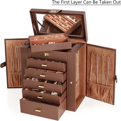 Miniatura 2 de AKOZLIN - Organizador de joyas grande de 6 niveles, con cerradura, funcional y enorme, con 5 cajones, de cuero, para mujeres y niñas, para anillos