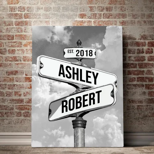 Mapileng Lienzo personalizado de Crossroads Street Sign para parejas, nombres personalizados y fecha, arte de pared vintage, regalo del día de San
