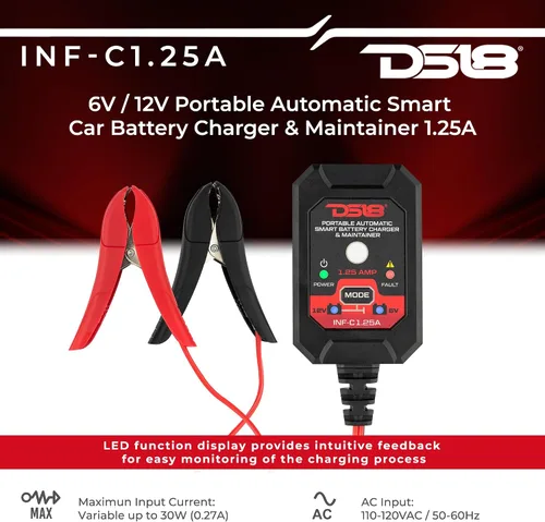 Miniatura 2 de DS18 INF-C1.25A 1.25A Cargador de batería inteligente de coche, cargador automotriz de 6 V y 12 V, mantenedor de batería portátil, cargador