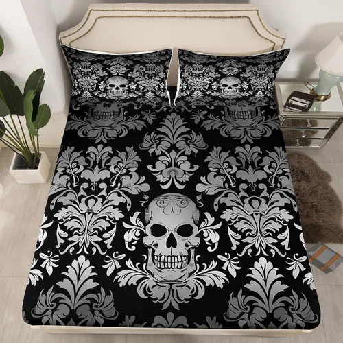 Miniatura 29 de Sábanas de cama góticas de damasco para adultos, sábana bajera ajustable victoriana antigua, sábanas góticas florales vintage, juego de ropa de cama