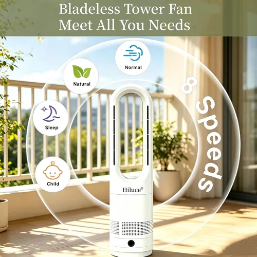 Miniatura 6 de Hiluce Ventilador sin aspas para todas las estaciones, combo de calentador de espacio de 1400W y ventilador de torre de 40W con control remoto