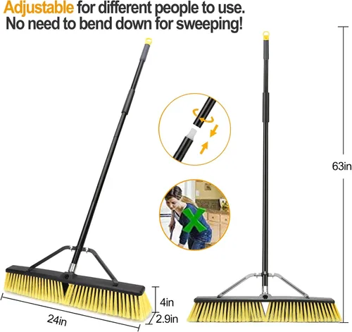 Miniatura 6 de Escoba de empuje de 24 pulgadas para exteriores, escoba resistente con mango largo de 63 pulgadas para terraza, entrada, garaje, patio, limpieza