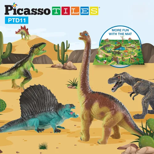 Miniatura 2 de PicassoTiles Juguetes de dinosaurio con tapete de juego de 32 piezas, juego de dinosaurios, kit de aprendizaje de actividades STEAM con libro Juego
