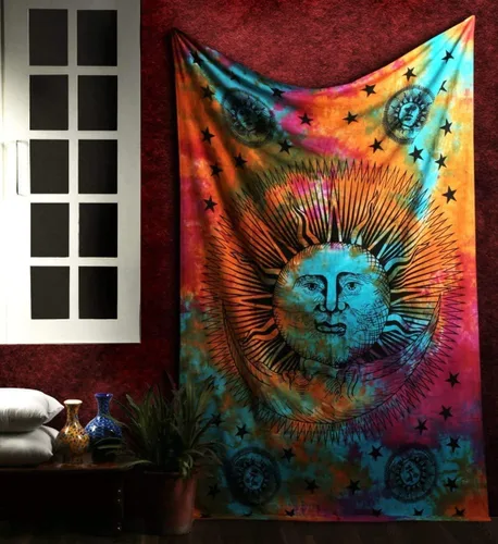 Marubhumi Tapiz psicodélico con diseño de mandala de sol, luna, estrellas, teñido anudado, hippie, hippie, celestial, para colgar en la pared, tapiz