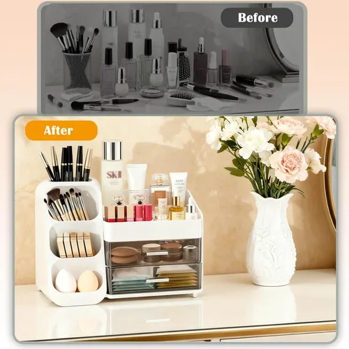 Miniatura 4 de Organizador de maquillaje con soporte para brochas para tocador, espaciosa vitrina de cosméticos con 2 cajones, el organizador de tocador de baño