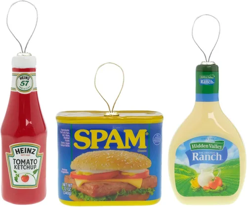 Ruz Fun Food Heinz - Juego de adornos navideños de ketchup, spam y rancho del valle oculto, decoración de árbol para interiores y exteriores,