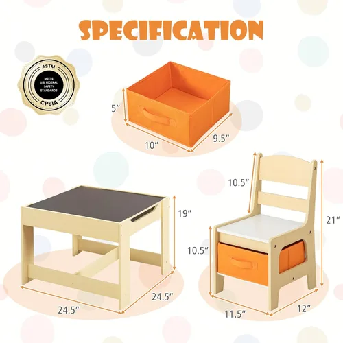 Miniatura 3 de HONEY JOY Mesa y sillas para niños, juego de actividades de madera 3 en 1 con almacenamiento, mesa desmontable, para arte, manualidades, dibujo