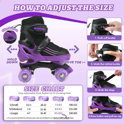 Miniatura 2 de Patines para niños y niñas, niños principiantes, 4 tamaños ajustables, patines cuádruples para niños y jóvenes, con ruedas iluminadas para deportes