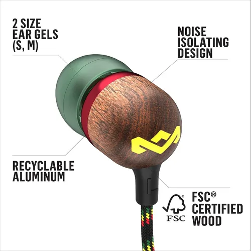 Miniatura 4 de House of Marley Smile Jamaica: Auriculares con cable con micrófono, diseño de aislamiento de ruido y materiales sostenibles (Rasta)