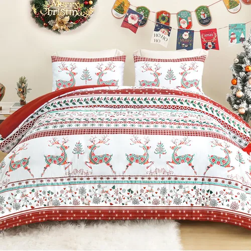 Miniatura 10 de Exclusivo Mezcla - Juego de edredón de Navidad tamaño individual, 2 piezas reversibles, ropa de cama de invierno con patrón de corona de renos