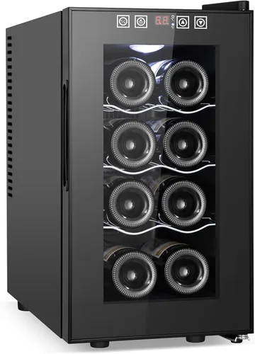 Refrigerador Enfriador de Vinos de 8 Botellas, Refrigerador Pequeño de Vino, Mini Refrigerador de Vino de Encimera con Puerta de Vidrio, Bodegas de