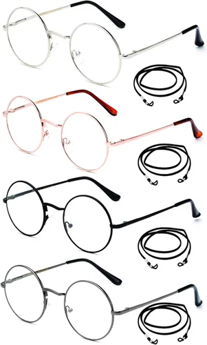 Newbee Fashion Paquete de 4 lentes de lectura redondos con cordones, marco de metal, borde delgado, bisagra de resorte, marco circular, gafas de