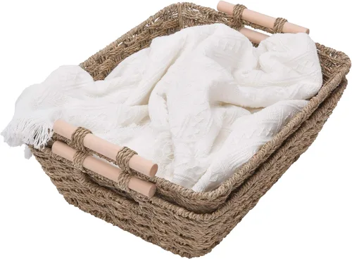 Miniatura 10 de GRANNY SAYS Cestas de almacenamiento medianas tejidas a mano con asas de madera, cestas de mimbre de hierba marina para organizar, cestas