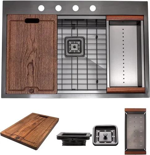Miniatura 9 de Strictly Sinks - Fregadero de cocina con estación de trabajo de 33 pulgadas, fregadero dorado de acero inoxidable calibre 16 con colador, tabla