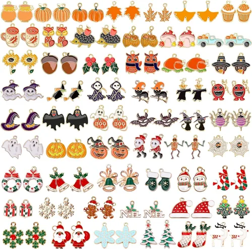 Miniatura 13 de SANNIX 110 piezas 55 pares de dijes de Halloween esmaltados dorados para Halloween, aretes, pulseras, collares, manualidades