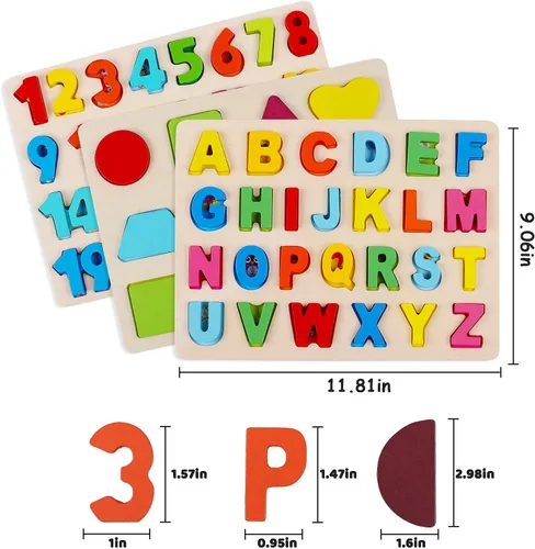 Miniatura 7 de Rompecabezas de Madera para Niños Pequeños, Kesletney Rompecabezas de Madera de Alfabeto Números Formas Aprendizaje para Niños, 3 en 1 Juguetes