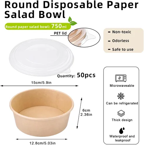 Miniatura 2 de Paquete de 50 cuencos de papel de 25 onzas, recipientes de comida desechables con tapas, cuencos desechables, cuencos para ensalada desechables