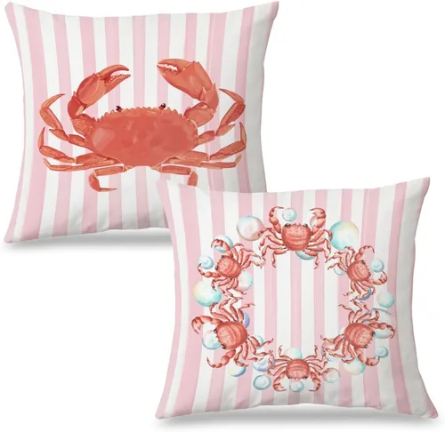 Miniatura 14 de Fundas de almohada costeras de langosta, fundas de almohada náuticas de langosta roja de Nueva Inglaterra con rayas azules y blancas para casa