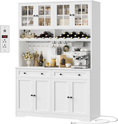 HOSTACK Gabinete de Despensa de Cocina de 75.4" de Alto con Estación de Carga, Aparador de Cocina Blanco Moderno con Soporte para Microondas y