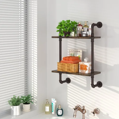 Miniatura 2 de Helsin - Estantes flotantes de tubería industrial de 2 niveles para baño, estante de madera rústica de 16 pulgadas montado en la pared, estante