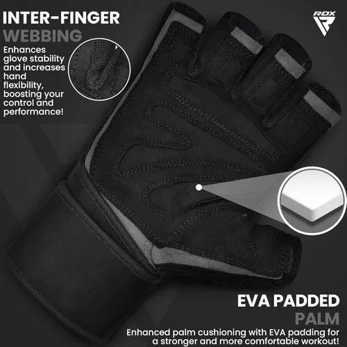 Miniatura 2 de Guantes de levantamiento de peso RDX con soporte para muñeca, correas de muñeca de 50 CM de largo, palma acolchada antideslizante, agarre Gris