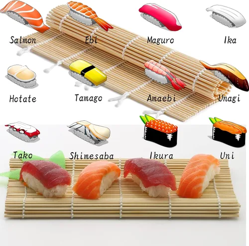 Miniatura 4 de Paquete de 4 alfombrillas de sushi de bambú natural de primera calidad, rodillo de sushi reutilizable y ecológico, perfecto para sushi casero Maki