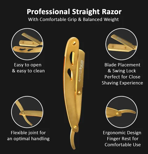 Miniatura 2 de G4 Maquinilla de afeitar profesional de borde recto para hombres con 100 cuchillas derby reemplazables para barbero Dorado