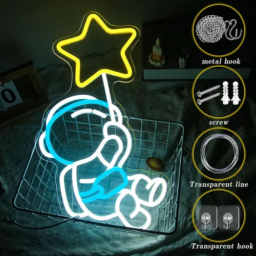 Miniatura 3 de Letrero de neón de estrella de astronauta, luz LED de neón para decoración de pared, regulable, astronauta sosteniendo estrellas, luces