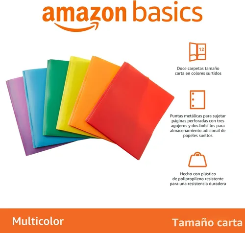 Miniatura 2 de Amazon Basics Carpetas de plástico coloridas resistentes con 2 bolsillos para papel tamaño carta, paquete de 12, colores surtidos