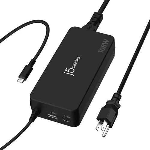 j5create Cargador USB tipo C PD de 108 W para MacBook Pro, Chromebook, portátil, portátil, tableta, Android, iPhone, iPad Pro, teléfono inteligente