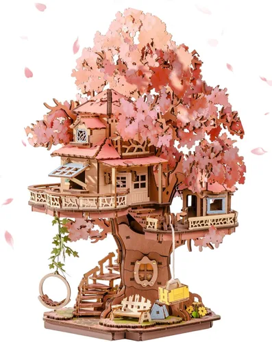 Rolife Kits de casa en miniatura para bricolaje, casa de árbol Sakura, rompecabezas de madera 3D de 12 pulgadas para adultos, modelo de flor de