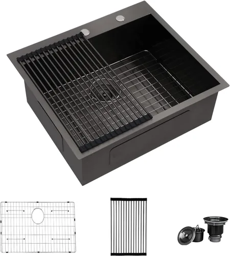 Fregadero de cocina de 25 pulgadas, fregadero de un solo cuenco, color negro mate, calibre 18, 25 x 22 pulgadas, acero inoxidable, montaje superior,