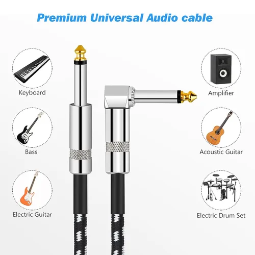 Miniatura 3 de Cable de guitarra, cable de instrumento, cable de bajo, cable de guitarra de 10 pies, cable de audio curvado recto de 0.250 in para varios