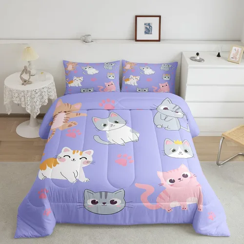 Miniatura 48 de Erosebridal Juego de ropa de cama para niños, tamaño individual, diseño de gatos de dibujos animados, para niñas, niños y adolescentes, edredón