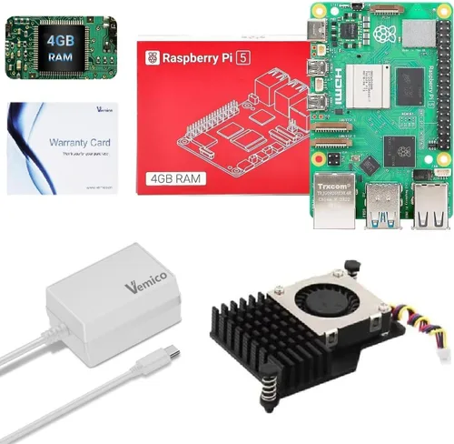 Vemico Raspberry Pi 5 - Kit de inicio de 4 GB con placa única Pi 5 de 4 GB, enfriador activo y fuente de alimentación tipo C de 27 W, GaN 5.1 V 5 A,
