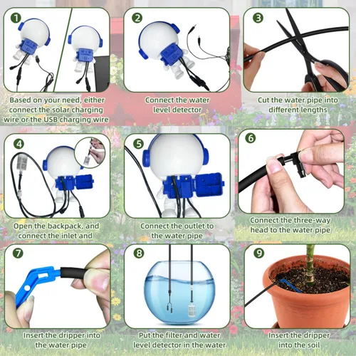 Miniatura 7 de Sistema de riego solar por goteo para jardín/exterior/interior, sistema de riego automático solar de jardín para 15 plantas en maceta, agua