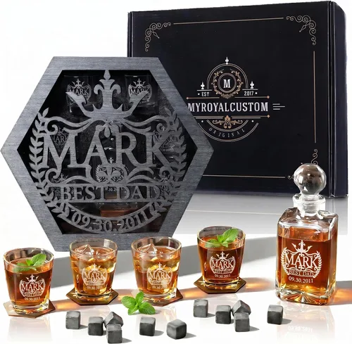 Miniatura 25 de Juego de decantadores de whisky personalizados para hombres, para el hogar, bar, decantadores de licor personalizados, caja de madera, vasos